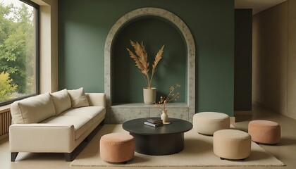 Living Room with Sofa Poufs and Coffee Table