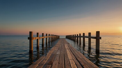 Obraz premium Wooden pier stretching into tranquil ocean, sunset sky casts a soft golden glow