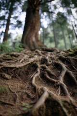 Fototapeta premium Exposed Tree Roots in Forest Ground, Symbolizing Natural Strength, Resilience, and Environmental Conservation : Generative AI