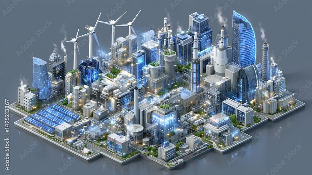 Poster state-of-the-art hydrogen processing units with a futuristic design are situated within a beautiful 