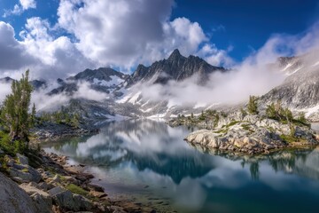 Tranquil alpine lake panorama with mirrored water surface and misty mountain peaks under soft morning light.