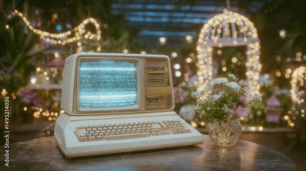 Poster office desk features a retro computer with a vibrant screen display
