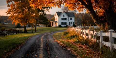 Obraz premium Autumn: white rail fence, green lawn, dark road curving to out-of-focus house. Golden sunlight, fiery leaves, warm glow. Peaceful rural. Hazy sky.