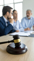 Close up of a judge's gavel and glasses on a wooden table, and an experienced lawyer meeting with a group of clients and giving a consultation in the background. Law services, legal advice concept