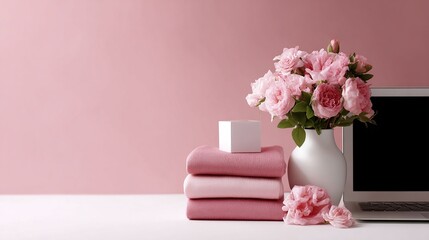 A cozy pastel workspace featuring soft pink towels and fresh flowers. The elegant vase enhances the calming atmosphere. Perfect for home decor or wellness themes. AI