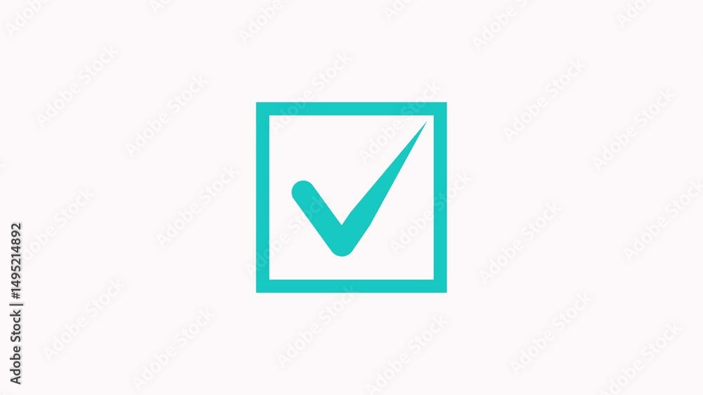 Poster animated checkmark icon in square box with turquoise color on white background