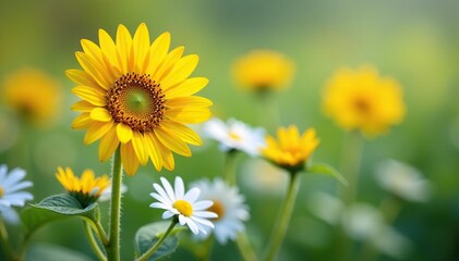 Obraz premium One bright yellow sunflower amongst white daisies, unique, unique, individuality