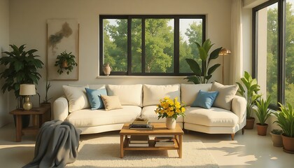 Naklejka premium Living Room Interior with Couch, Window and Plants