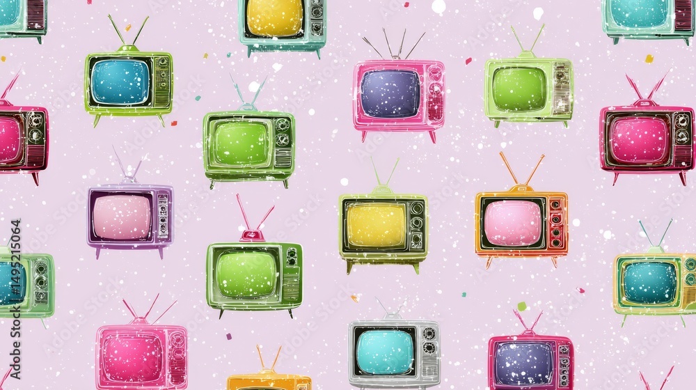 Poster retro computing and television media are depicted in the form of a colorful vintage tech abstract ar