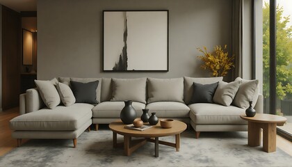 Living Room with Sectional Sofa, Round Coffee Table, and Modern Art