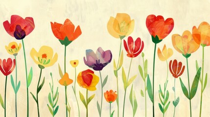 Fototapeta premium The image consists of three colorful panels filled with abstract, stylized floral designs in a playful, retro aesthetic