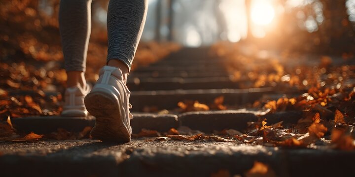 Legs in white athletic pants, sneakers ascend stone stairs, autumn leaves. Sunlight, golden foliage, lens flare. Blurred background. Dynamic, aspirational fitness.