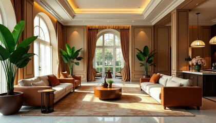 Luxurious hotel lobby interior with comfortable seating and elegant decor , marble, design, furniture