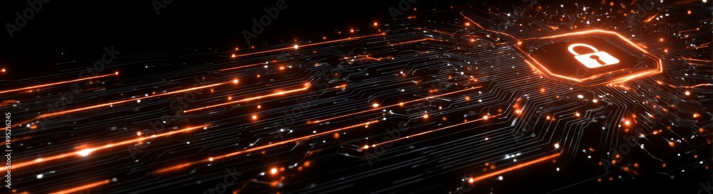 Poster a closeup abstract view of a circuit board is presented, showcasing a glowing padlock and using oran