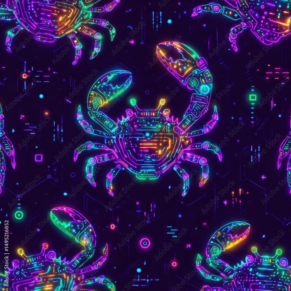 Poster vibrant cyberpunk style digital art featuring neon retro-futuristic crab robots in a seamless patter