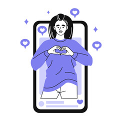 A pretty young girl depicts a heart with her hands from a phone screen. Online communication on social networks, blogging. Doodle-style vector illustration
