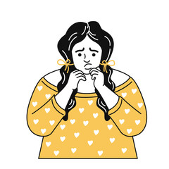 An obese, anxious woman is concerned about her state of health. Depression, mental disorders, bulimia, and eating disorders. Vector doodle illustration