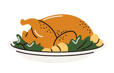 Baked turkey with whole potatoes and herbs on a plate. Fried chicken. A festive bird dish. Vector illustration in the flat style