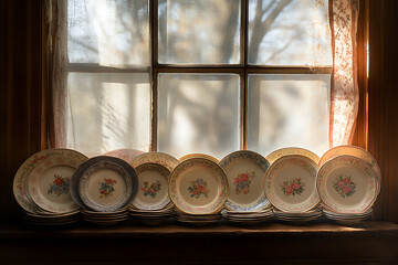 Sunlit windowsill displays a collection of vintage floral patterned plates, stacked neatly.  The scene evokes a sense of nostalgia and calm
