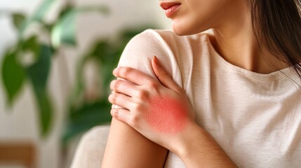 Woman experiencing a skin allergy, touching her arm with redness and itching