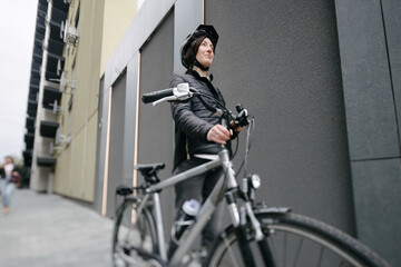 Woman riding a bicycle in a city