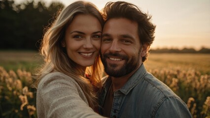 Obraz premium Smiling couple hugging in field