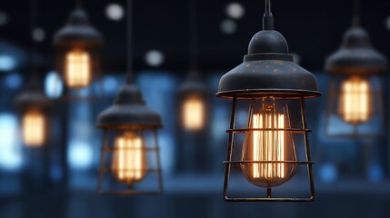 Vintage Edison bulbs suspended from a rustic industrial lighting fixture