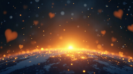  Close-up of Luma glowing softly in the night sky, golden light gently spreading, glowing hearts shimmering on Earth below, whimsical and warm children’s microphotography-inspired art