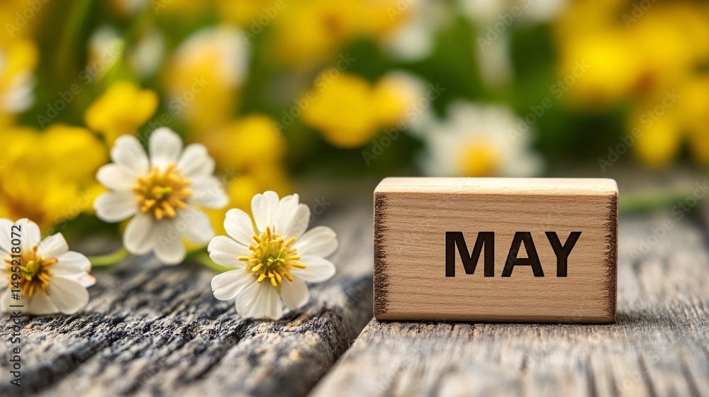 Poster wooden calendar displaying may date against soft floral spring backdrop