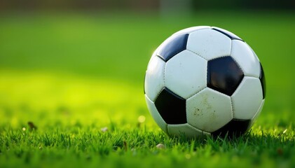 Fototapeta premium Close-up of a soccer ball on a grassy field, ready for a game , pitch, sport, hexagon