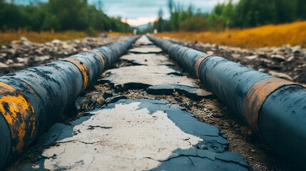 Broken pipelines and cracked roads on a remote rural landscape