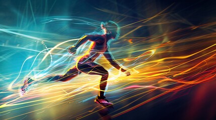Obraz premium Female runner in motion, vibrant light trails