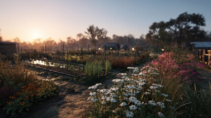 Obraz premium Sunrise Over a Community Garden With Flowers and Vegetables, Representing Sustainable Living and Local Food Production for Healthy Lifestyle : Generative AI