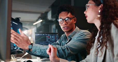 Meeting, computer and business people in office for collaboration, online investment and stock...