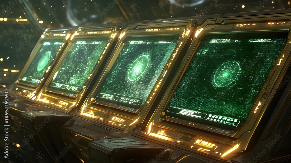Poster futuristic display panels with glowing green data visualizations.