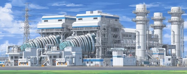 Fototapeta premium The hydrogen power plant, powered by solar cells, is displayed in an isometric view highlighting eco-friendly energy production and environmental conservation through solar power
