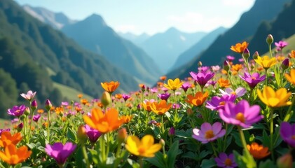Vibrant wildflowers bursting forth from a mountain spring , green, growth, colorful