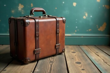 Worn, vintage suitcase sits on rustic wooden floor Scratches and wear show age and travel , rustic, suitcase, timeworn