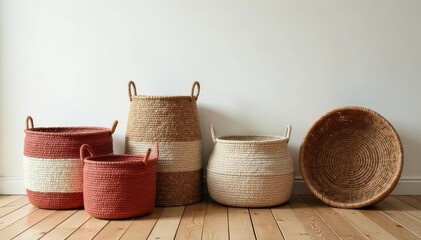 Woven rug storage baskets, various sizes and styles, sitting on a wooden floor , living room storage, round basket, bedroom storage