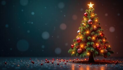 A beautifully decorated Christmas tree stands tall, adorned with ornaments and twinkling lights , celebratory, happy, rustic