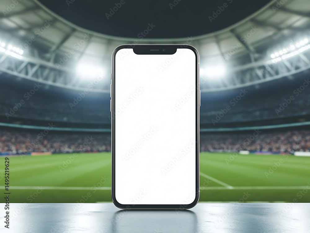 Poster smartphone with a blank screen in a stadium setting, presenting a versatile display opportunity for 
