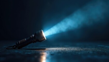 A bright beam of light from a handheld torch flashlight cuts through the darkness , ray, intense light
