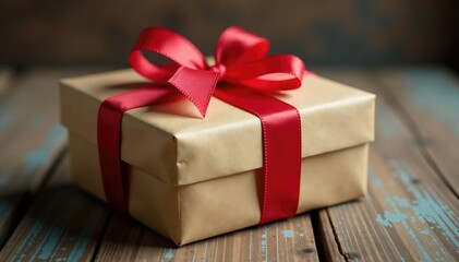 A beautifully wrapped birthday present with a ribbon sits on a rustic wooden table , gift wrap, special