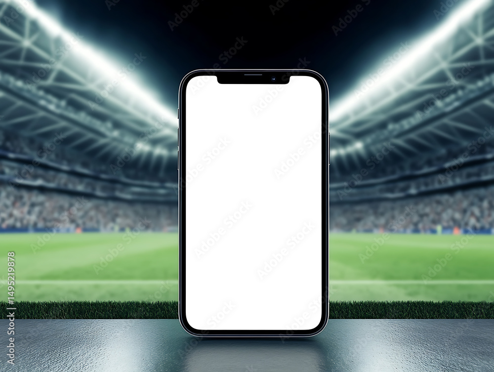Poster stadium view with a mobile device showing a blank screen in foreground. the stadium is lit with brig