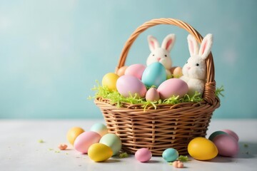 A charming Easter basket overflowing with colorful eggs, pastel treats, and fluffy bunny decorations , Easter decorations, chocolate, willow