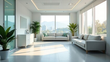 A clean and modern doctor's office waiting area , window, calm, table