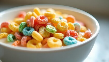 A close-up of a cereal bowl filled with colorful cereal and milk , morning meal, colorful food, sweet