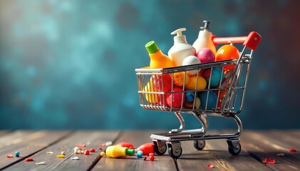 A full online shopping cart overflowing with diverse products, ready for checkout , digital shopping, digital commerce, e-business