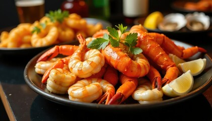 A lavish seafood buffet spread with various dishes, including crab legs, shrimp, and oysters , hot seafood, fish