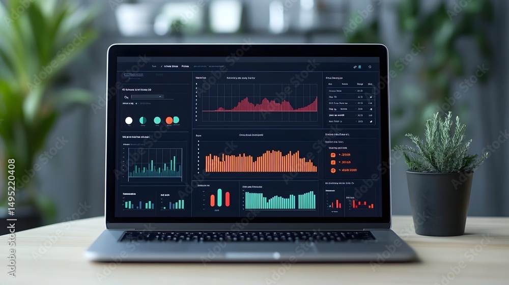 Poster financial audit interface with data analytics on laptop screen